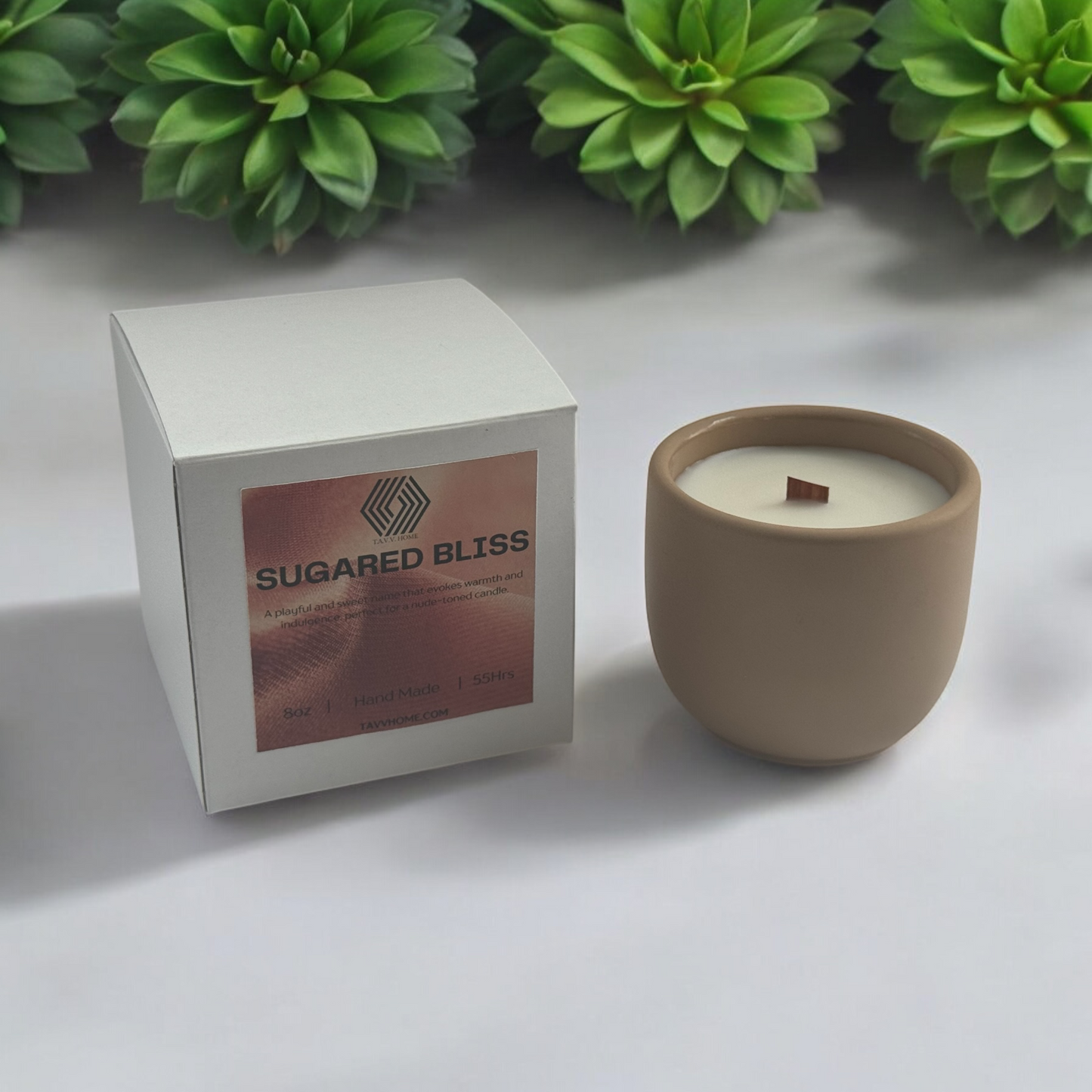 Modern neutral concrete candle with wooden wick in cozy living room decor