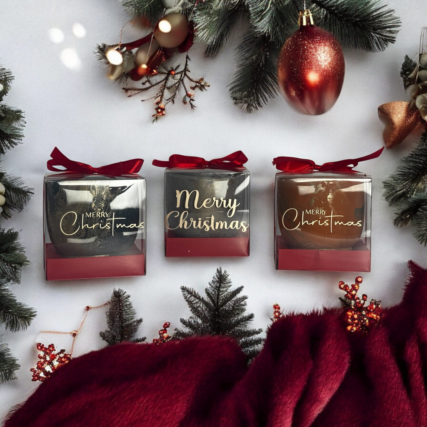 'Merry Christmas' gift boxes with ribbons on a festive background with ornaments and greenery.