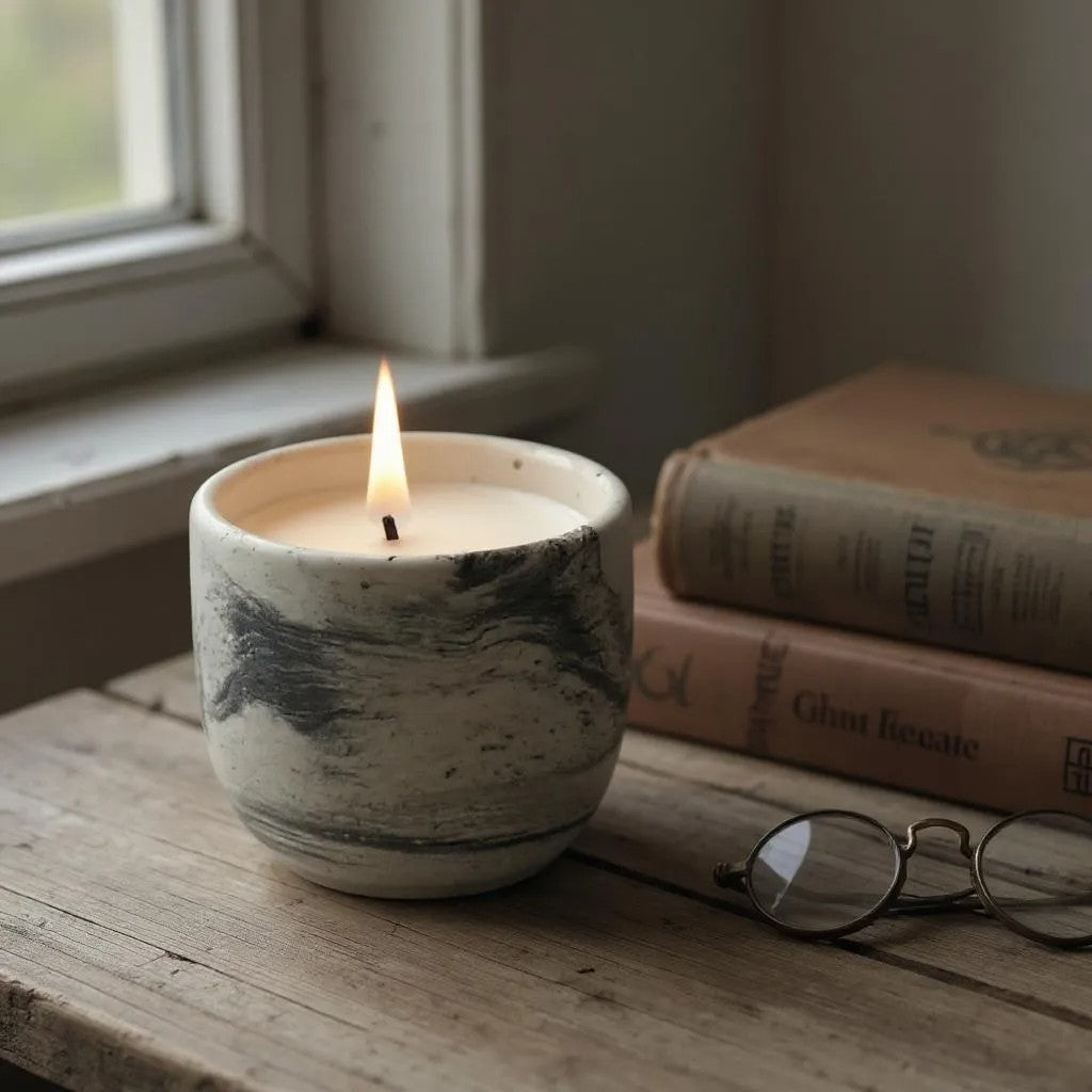 Minimalist concrete candle in gray tones with wood wick on stone vanity