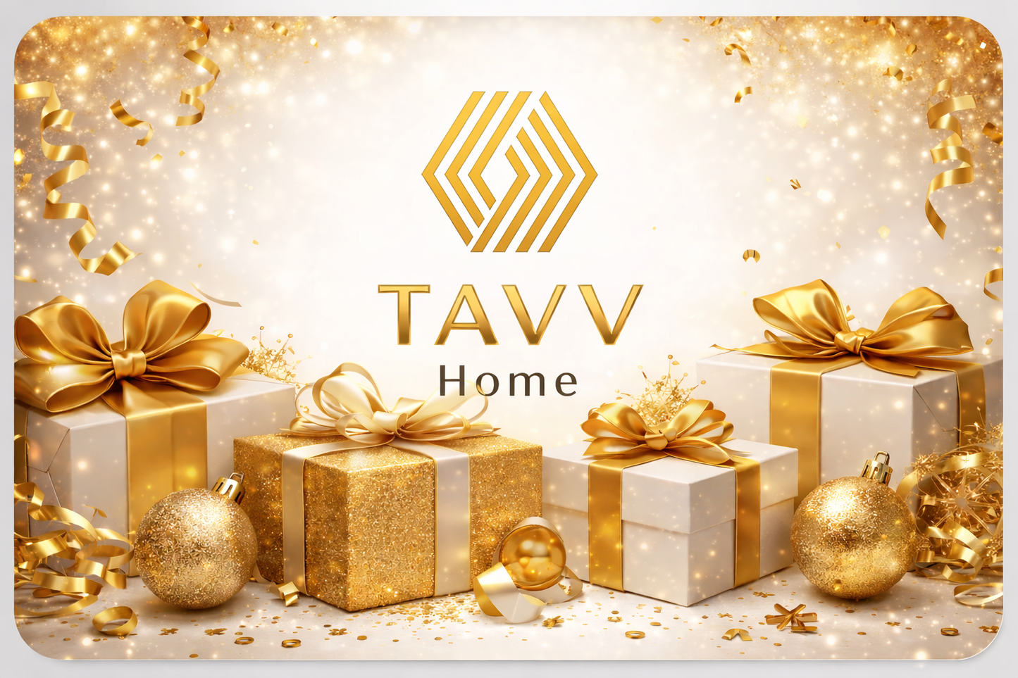Luxury TAVV Home digital gift card featuring a gold logo and elegant gift box design on a soft neutral backgroundLuxury digital gift card from TAVV Home, perfect for gifting handcrafted concrete candles and modern home décor.