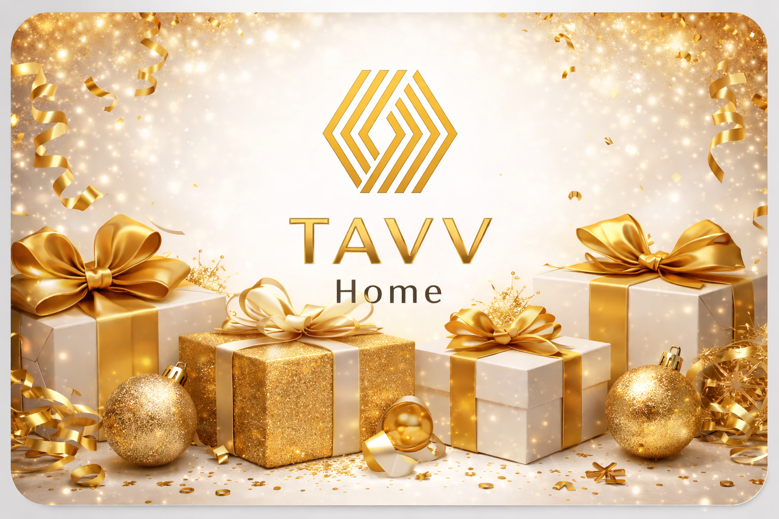 Luxury TAVV Home digital gift card featuring a gold logo and elegant gift box design on a soft neutral backgroundLuxury digital gift card from TAVV Home, perfect for gifting handcrafted concrete candles and modern home décor.