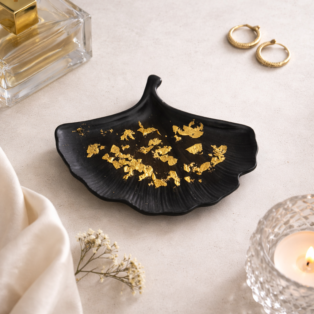 Concrete Ginkgo Leaf Tray | Gold Foil Jewelry Dish | T.A.V.V. Home T.A.V.V. Home