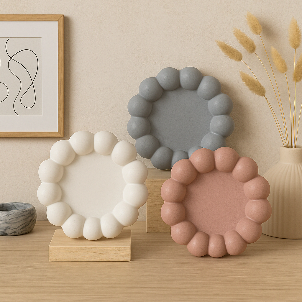 Decorative plates in white, gray, and pink on a wooden surface with a neutral wall background.