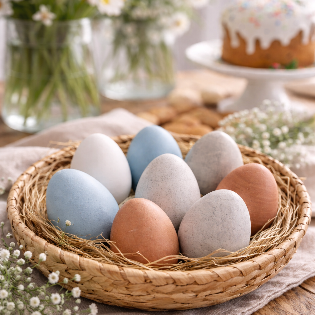 Easter eggs in a woven basket with flowers and cake in the background