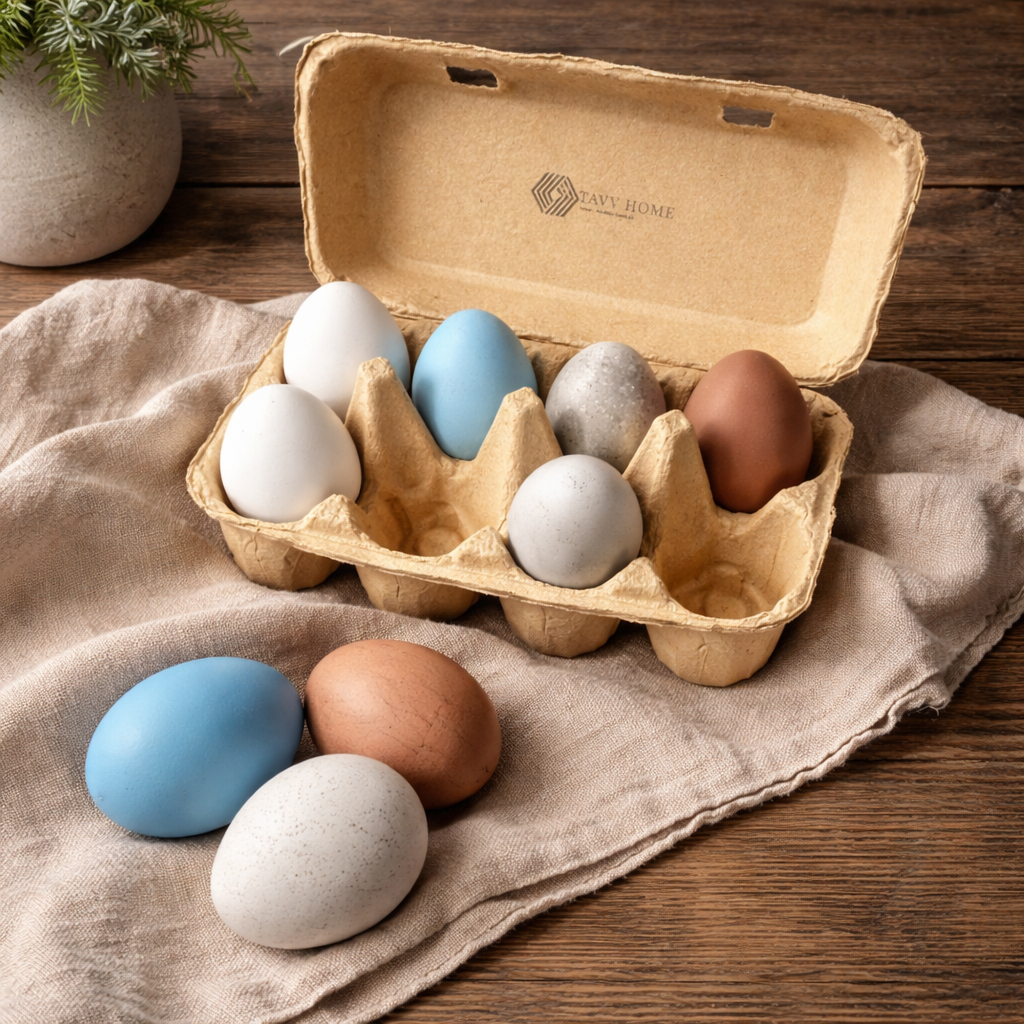Open cardboard egg carton with multicolored eggs on a wooden surface