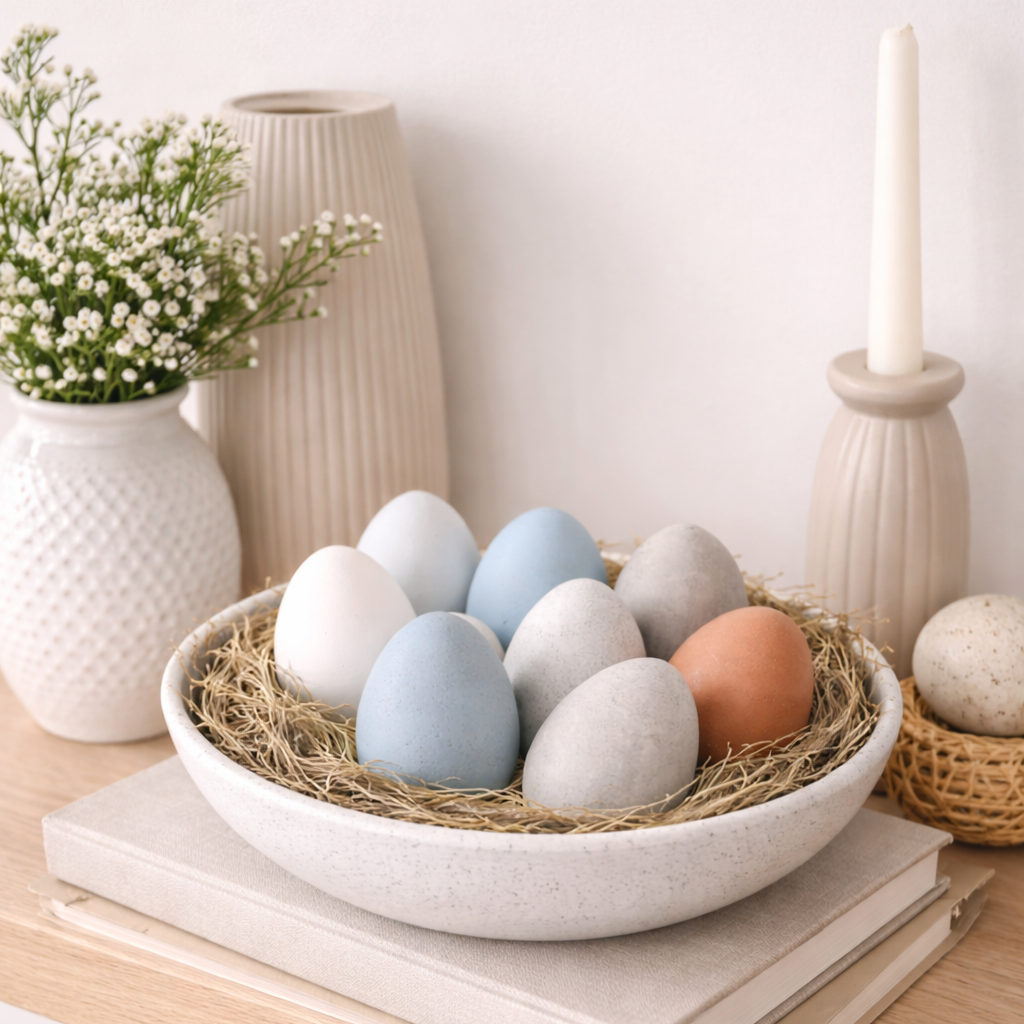 Decorative arrangement with colored eggs in a bowl on a shelf with books and flowers.