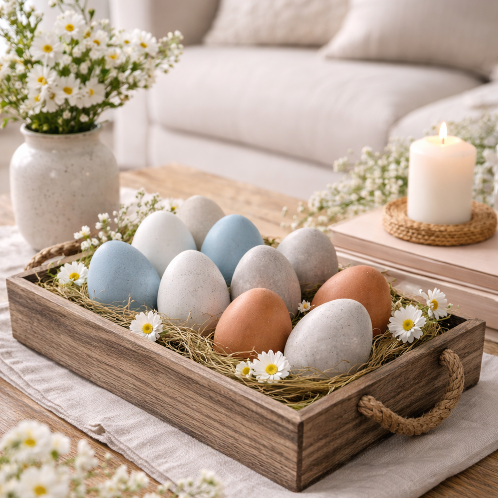 Decorative tray with speckled eggs on a wooden table with flowers and a candle in the background.