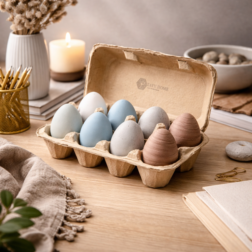 Set of ceramic eggs in a cardboard egg carton on a wooden surface with a candle and decorative items in the background.