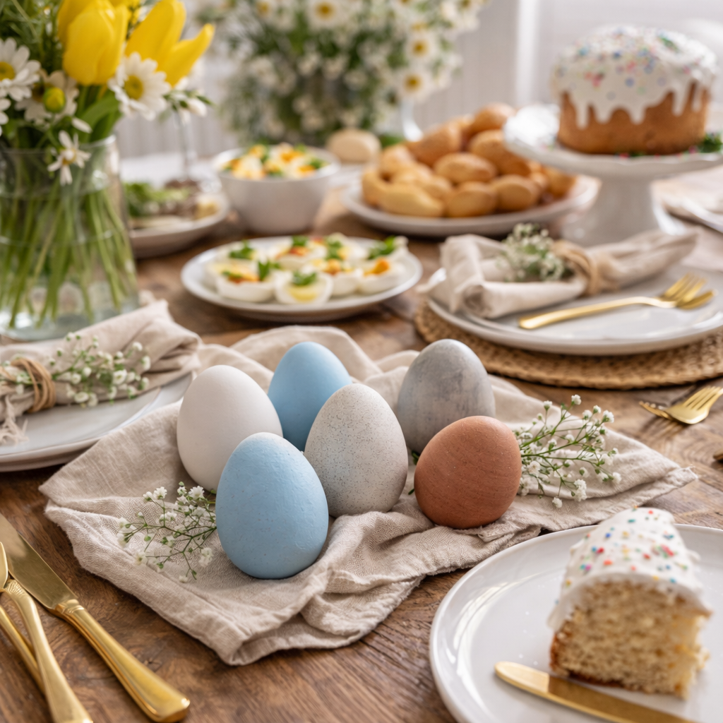 Easter eggs on a table with flowers, pastries, and cake.