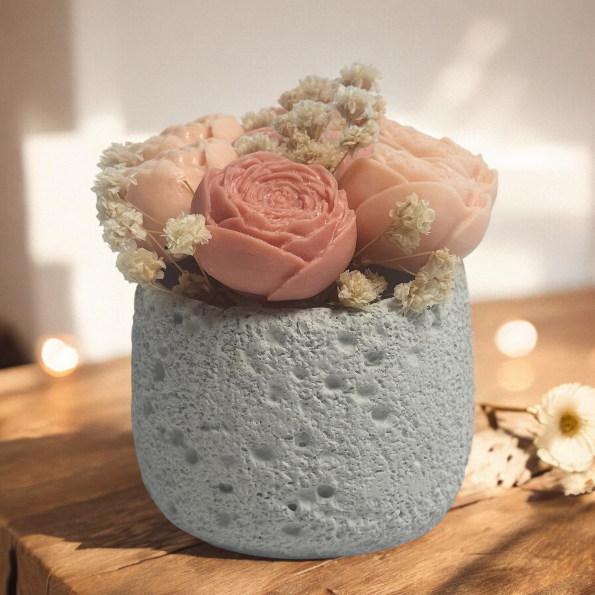 Luxury peony floral candle in grey concrete jar, wax melt flowers and reusable pot design.