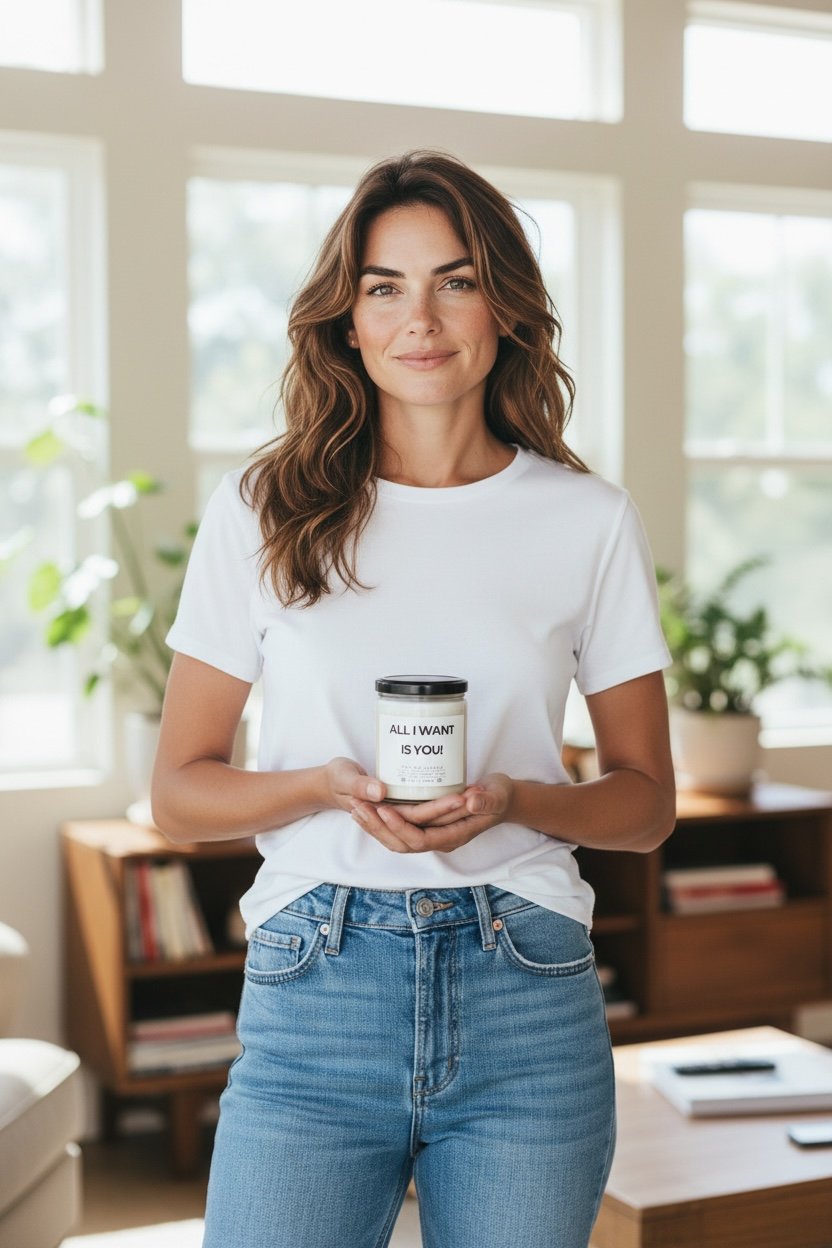 Woman holding a candle in a bright room with large windows. Coaple gift 
