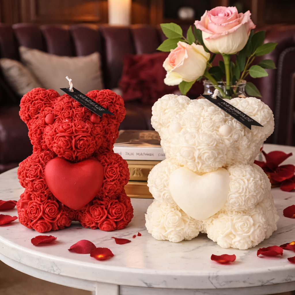 Red and white teddy bears Candle made of soy wax  on a marble surface with rose petals.