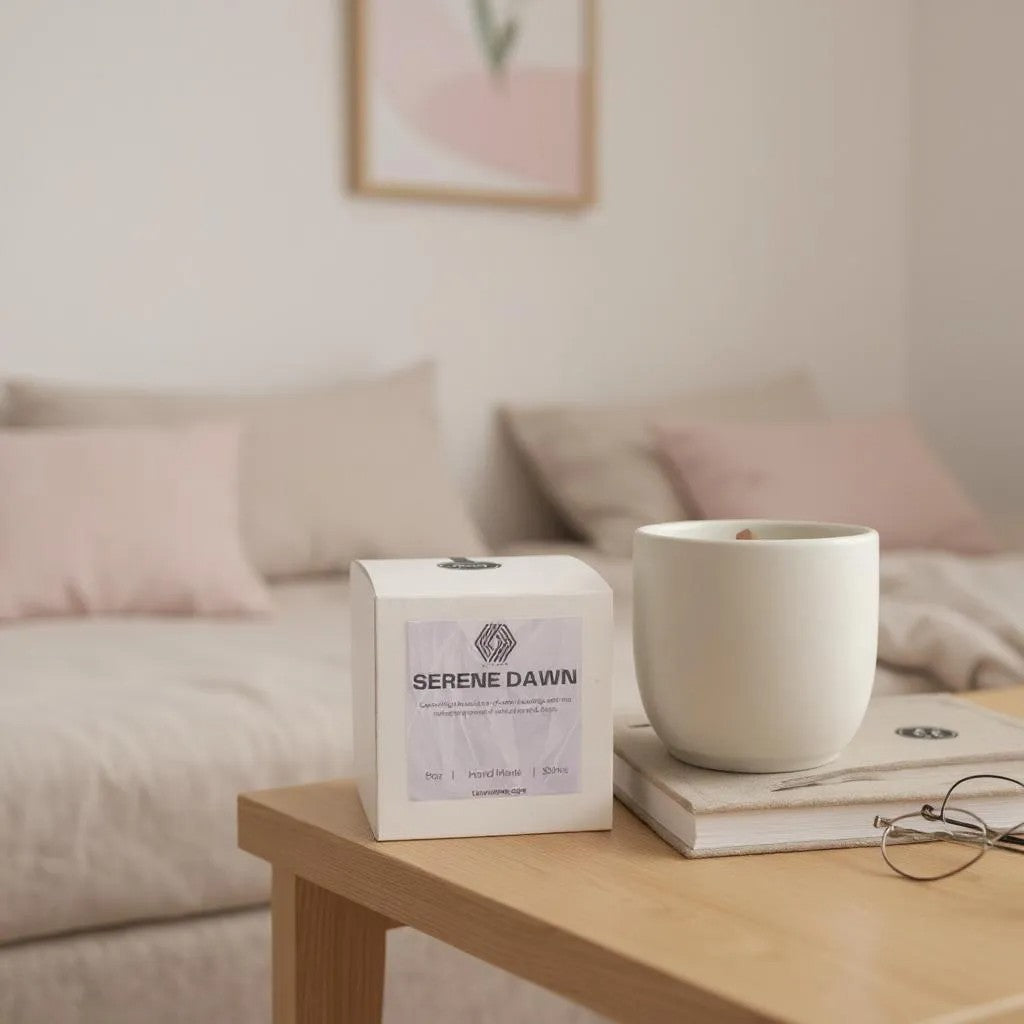 Neutral concrete candle with wood wick and Serene Dawn packaging, minimalist home decor