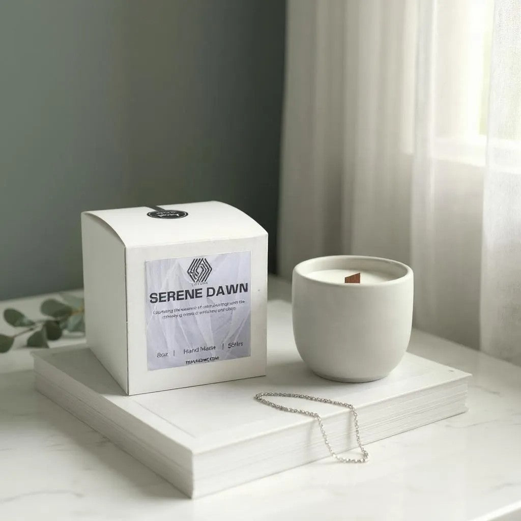 Minimalist white concrete candle with wood wick and branded gift box in modern bathroom