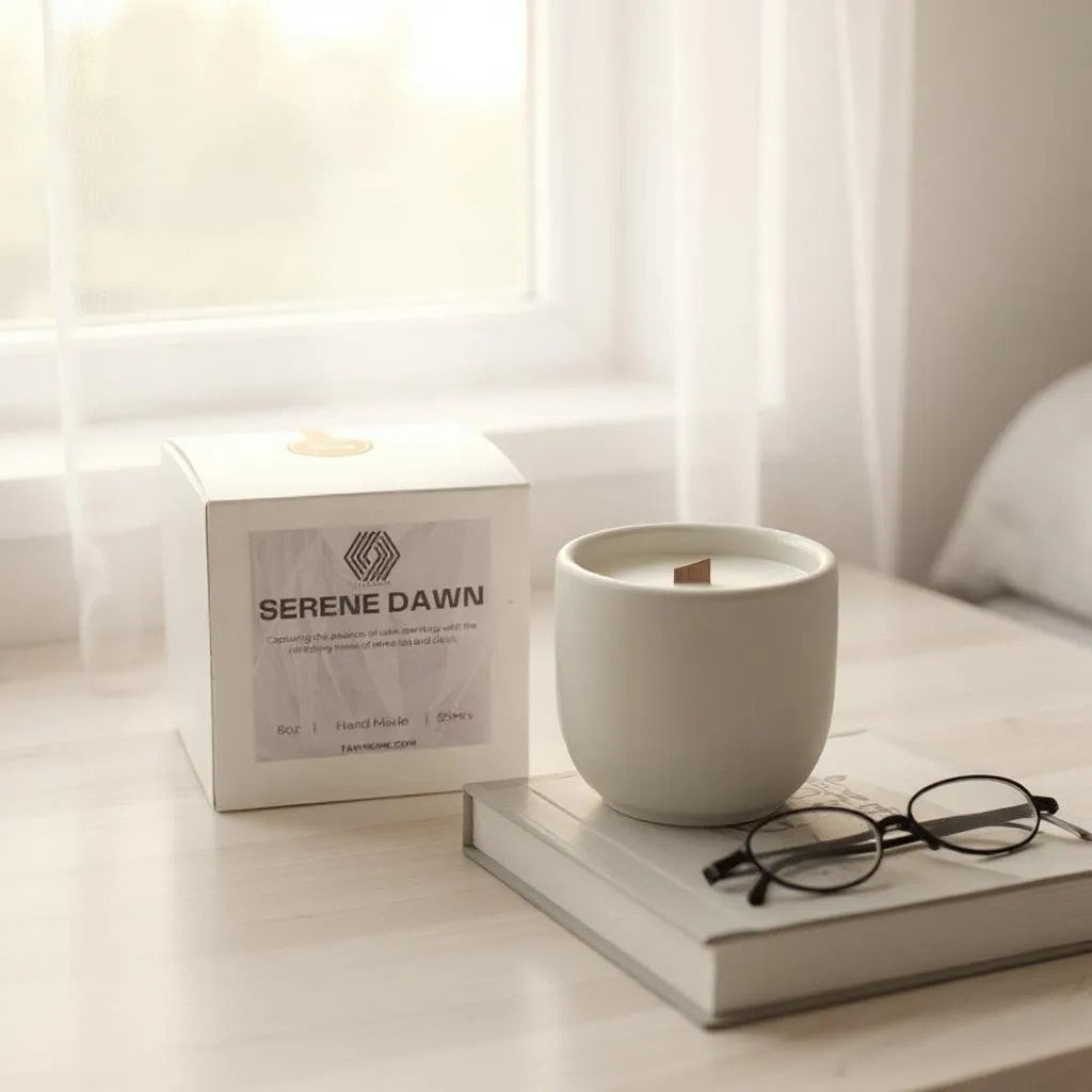 Modern spa bathroom decor featuring concrete candle with wooden wick and gift box