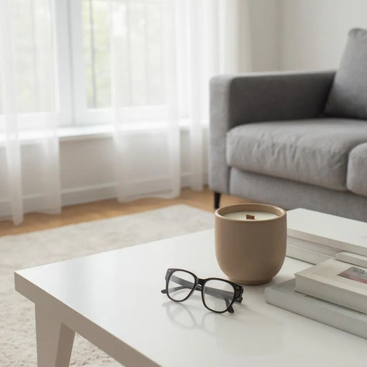 Minimalist concrete candle with wooden wick on white coffee table in modern living room