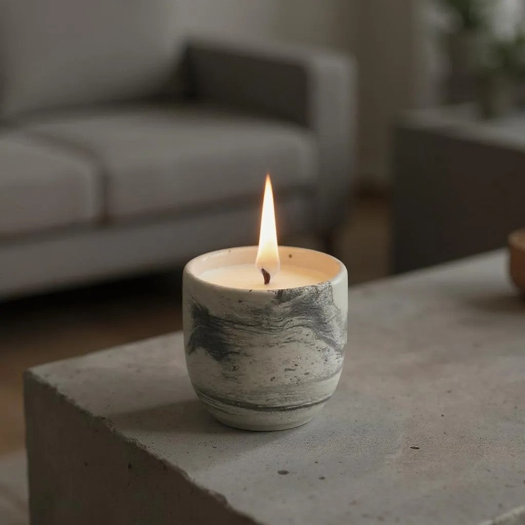 Neutral marble-style concrete candle with wooden wick, spa bathroom aesthetic