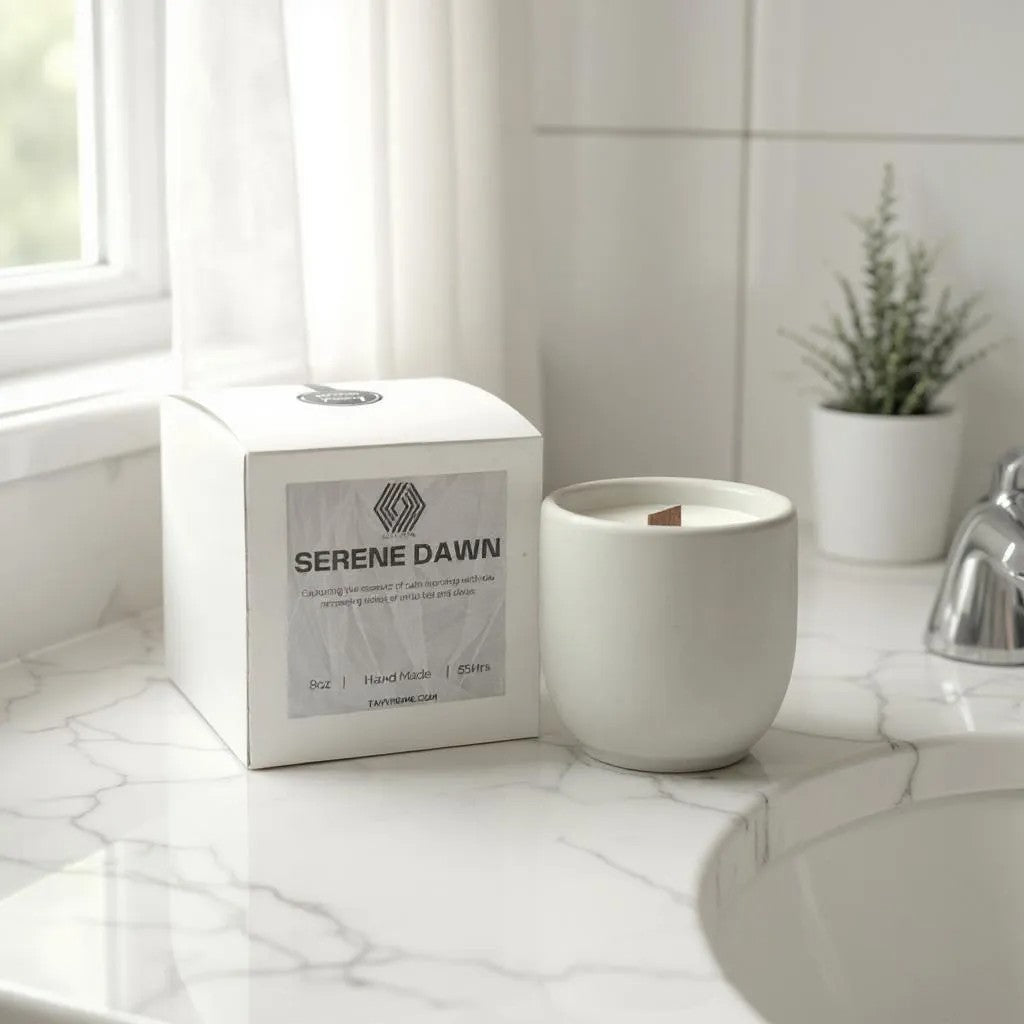 White concrete soy candle and packaging labeled 'Serene Dawn' on a bathroom counter.